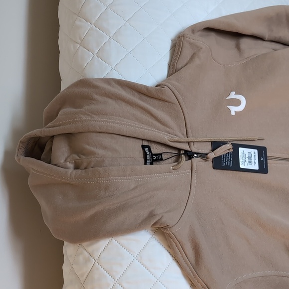 NWT True Religion Brand Jeans Size L Tan/Brown Zip Up Hoodie With Buddha Logo - Picture 2 of 8